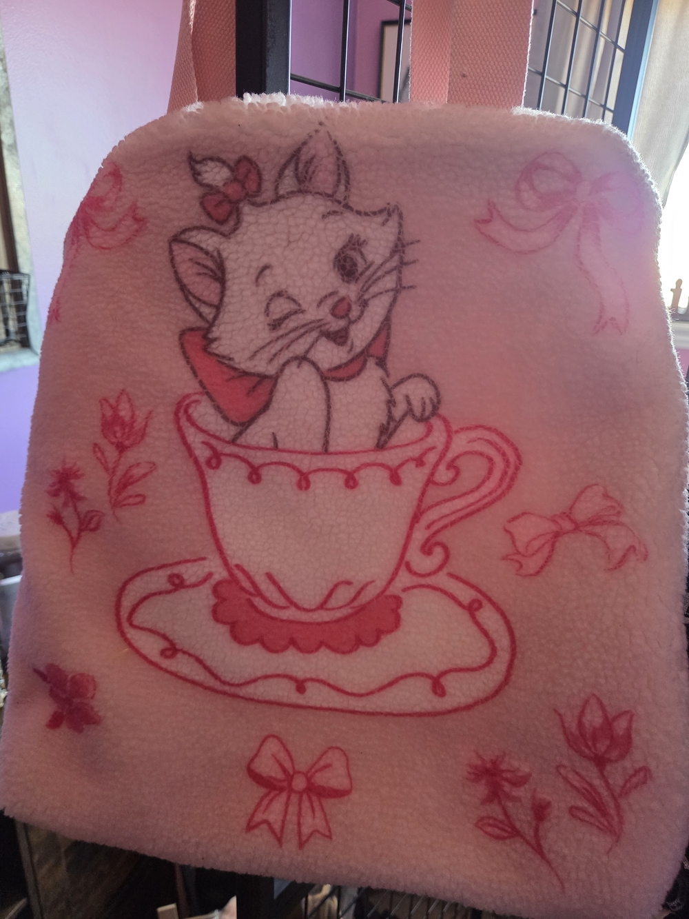Pink Fuzzy Tote with Marie Kitten in Teacup. Aristocats. Disney!